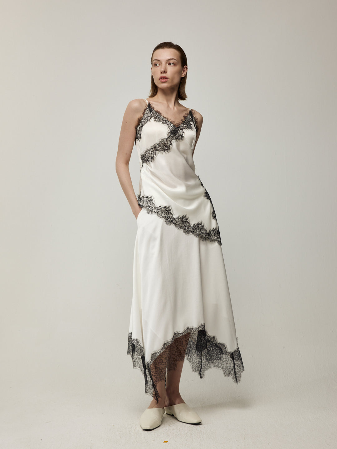 Cape-Style Acetate Lace Camisole and Lace Spliced Acetate Midi Dress Set