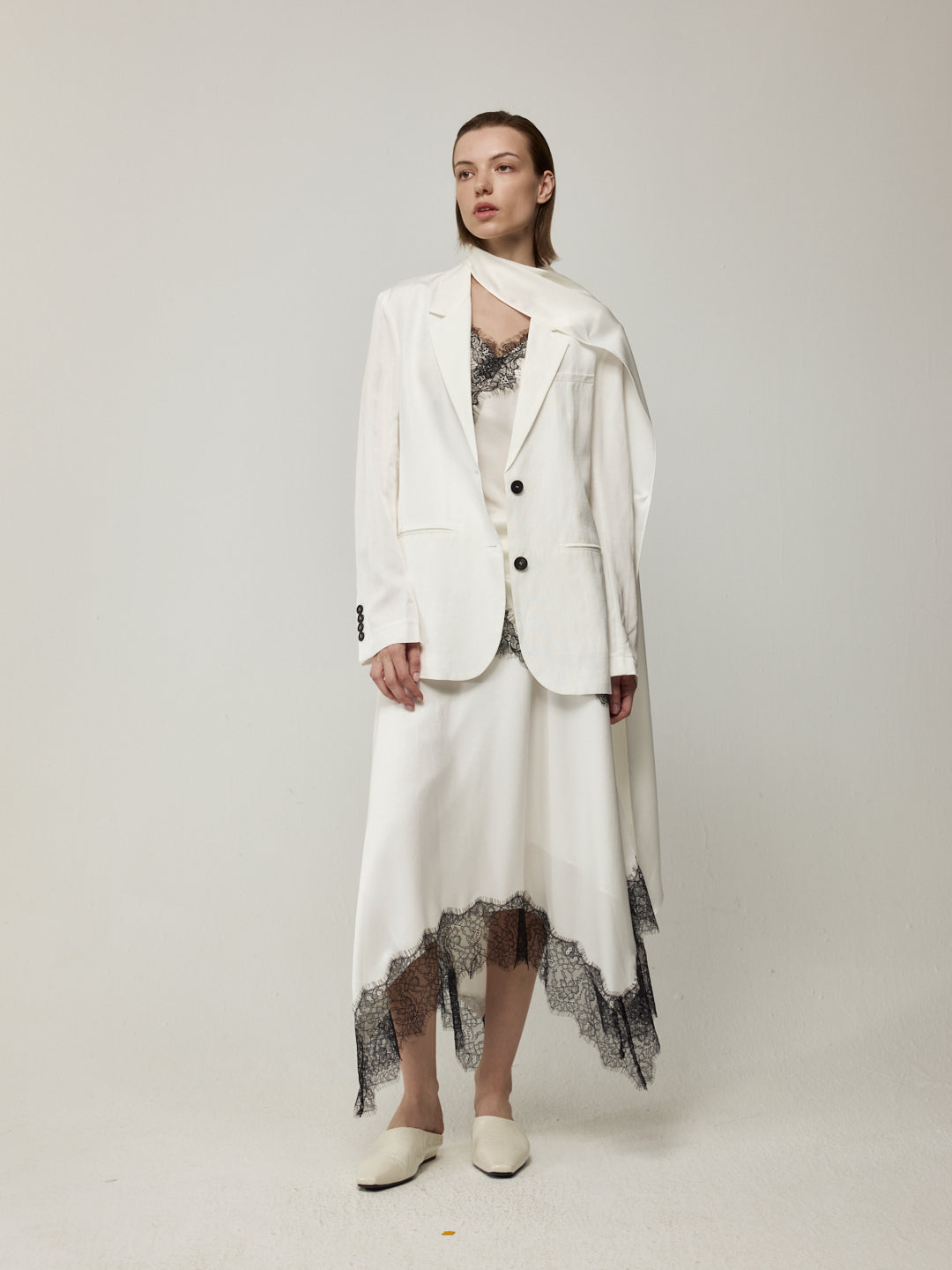 Blazer with High Back Slit and Knit Detail Wrap Panel Trousers Set