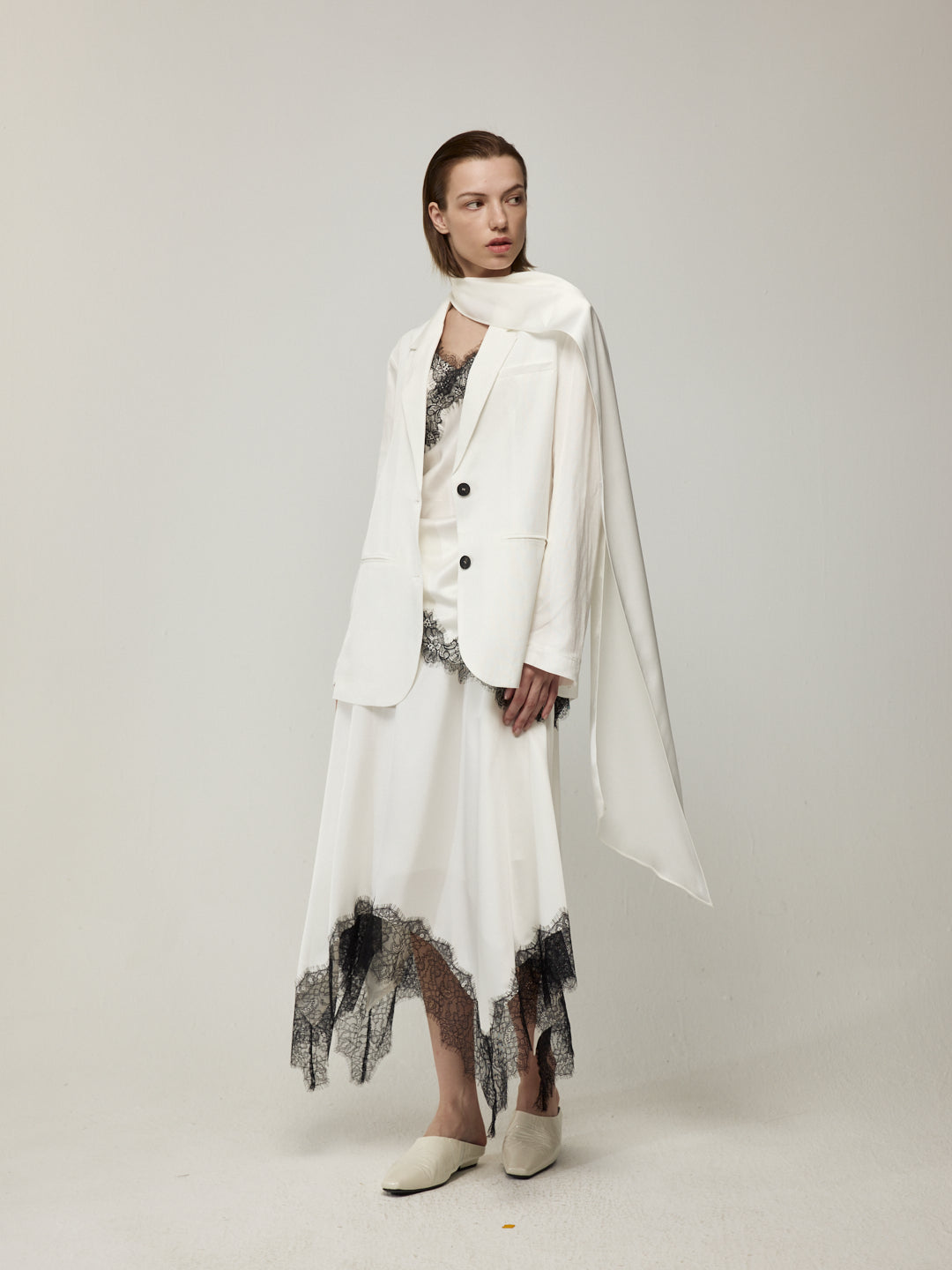 Blazer with High Back Slit and Knit Detail Wrap Panel Trousers Set