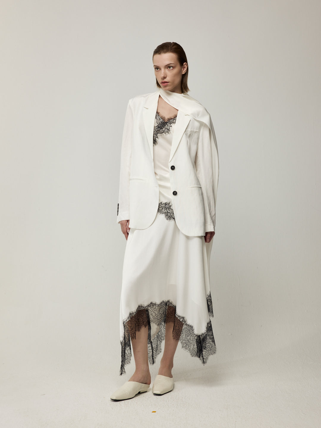 Blazer with High Back Slit and Knit Detail Wrap Panel Trousers Set