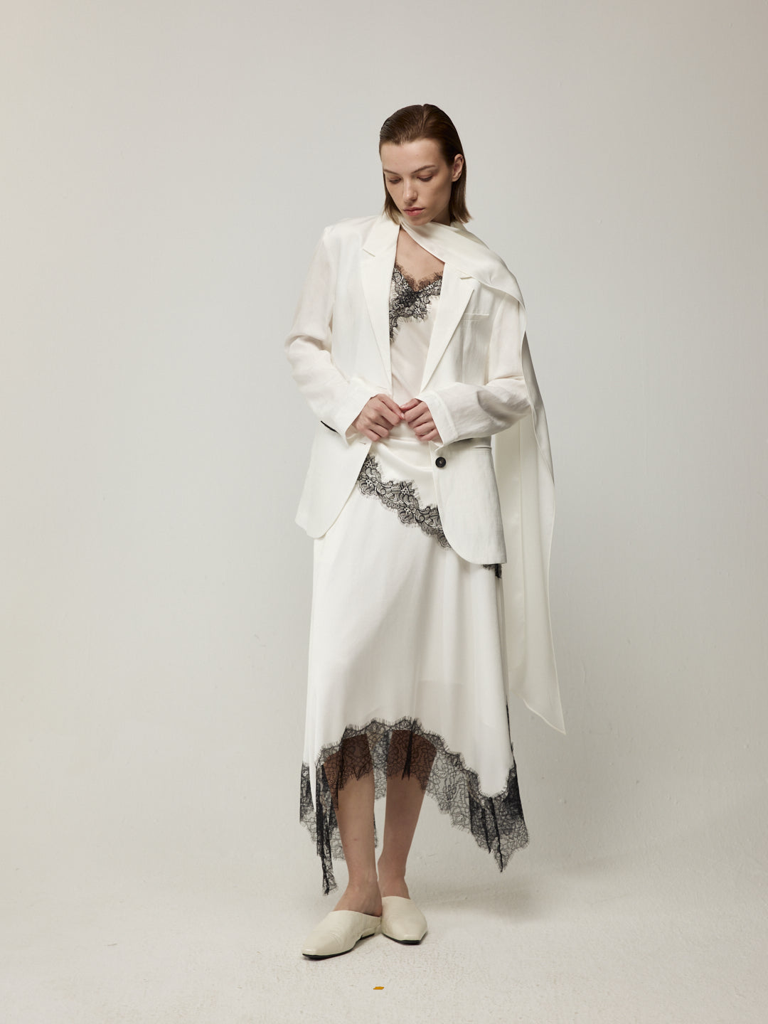 Blazer with High Back Slit and Knit Detail Wrap Panel Trousers Set