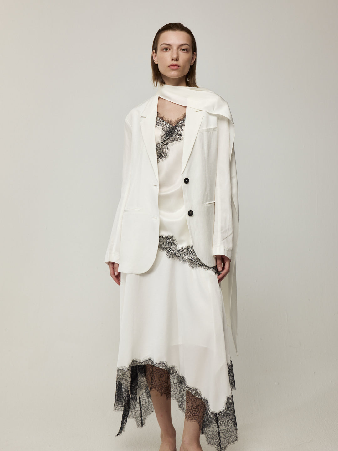Blazer with High Back Slit and Knit Detail Wrap Panel Trousers Set