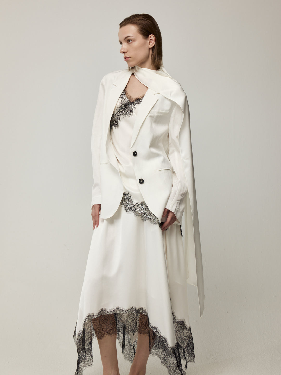 Blazer with High Back Slit and Knit Detail Wrap Panel Trousers Set