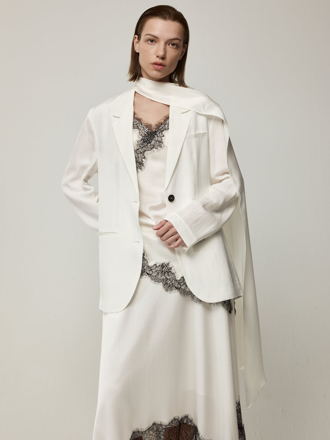 Blazer with High Back Slit and Knit Detail Wrap Panel Trousers Set