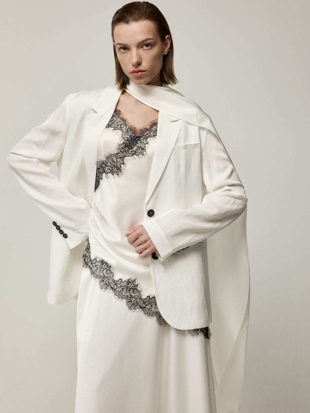 Blazer with High Back Slit and Knit Detail Wrap Panel Trousers Set