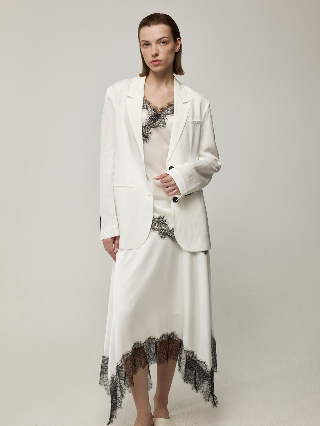 Blazer with High Back Slit and Knit Detail Wrap Panel Trousers Set