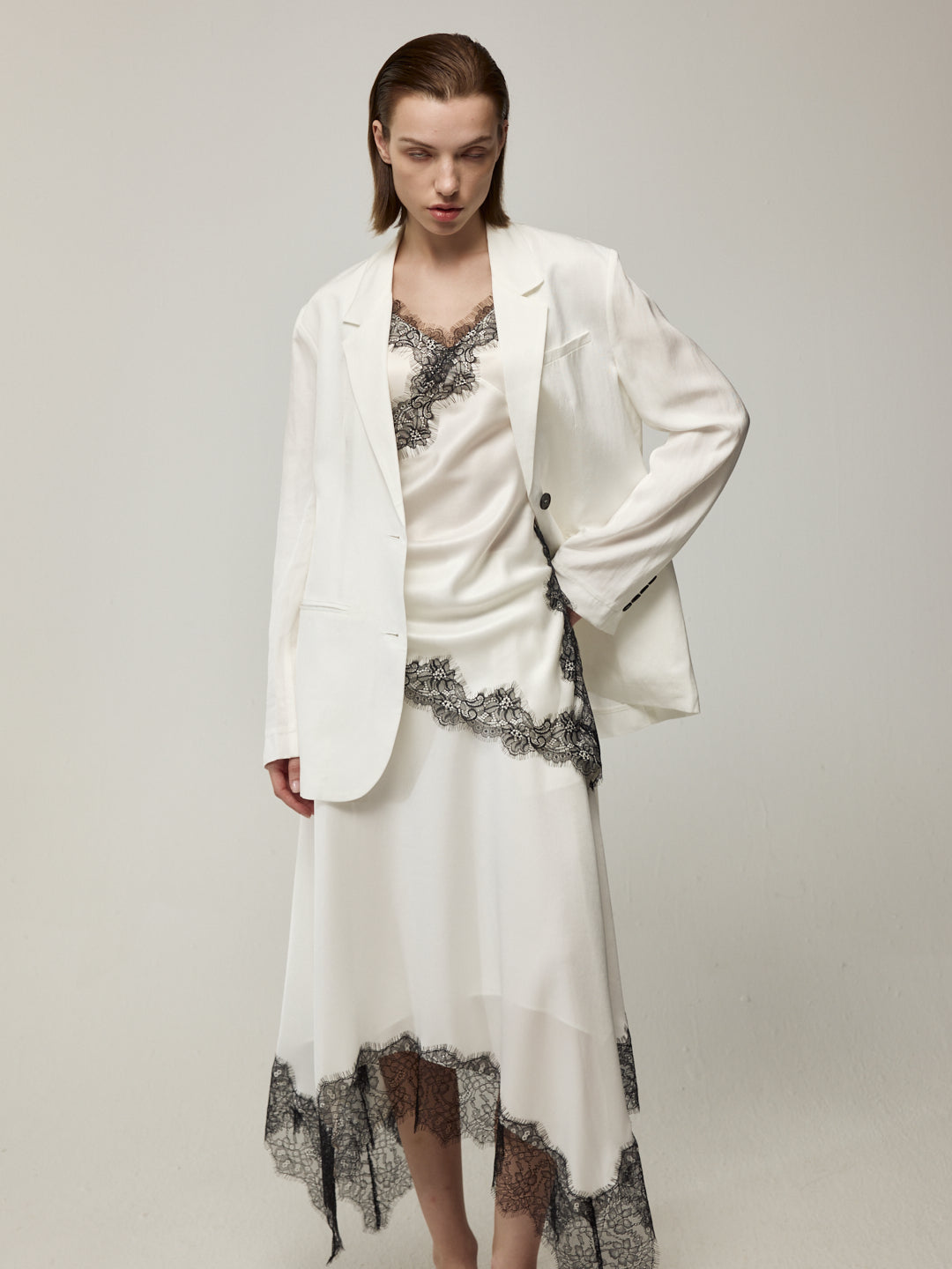 Blazer with High Back Slit and Knit Detail Wrap Panel Trousers Set