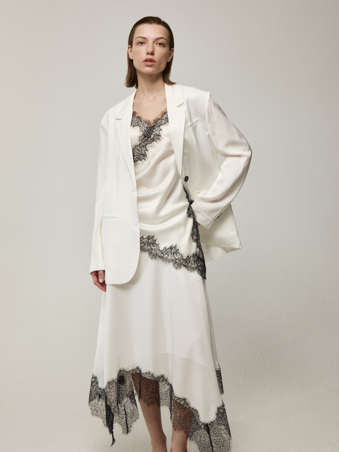 Blazer with High Back Slit and Knit Detail Wrap Panel Trousers Set