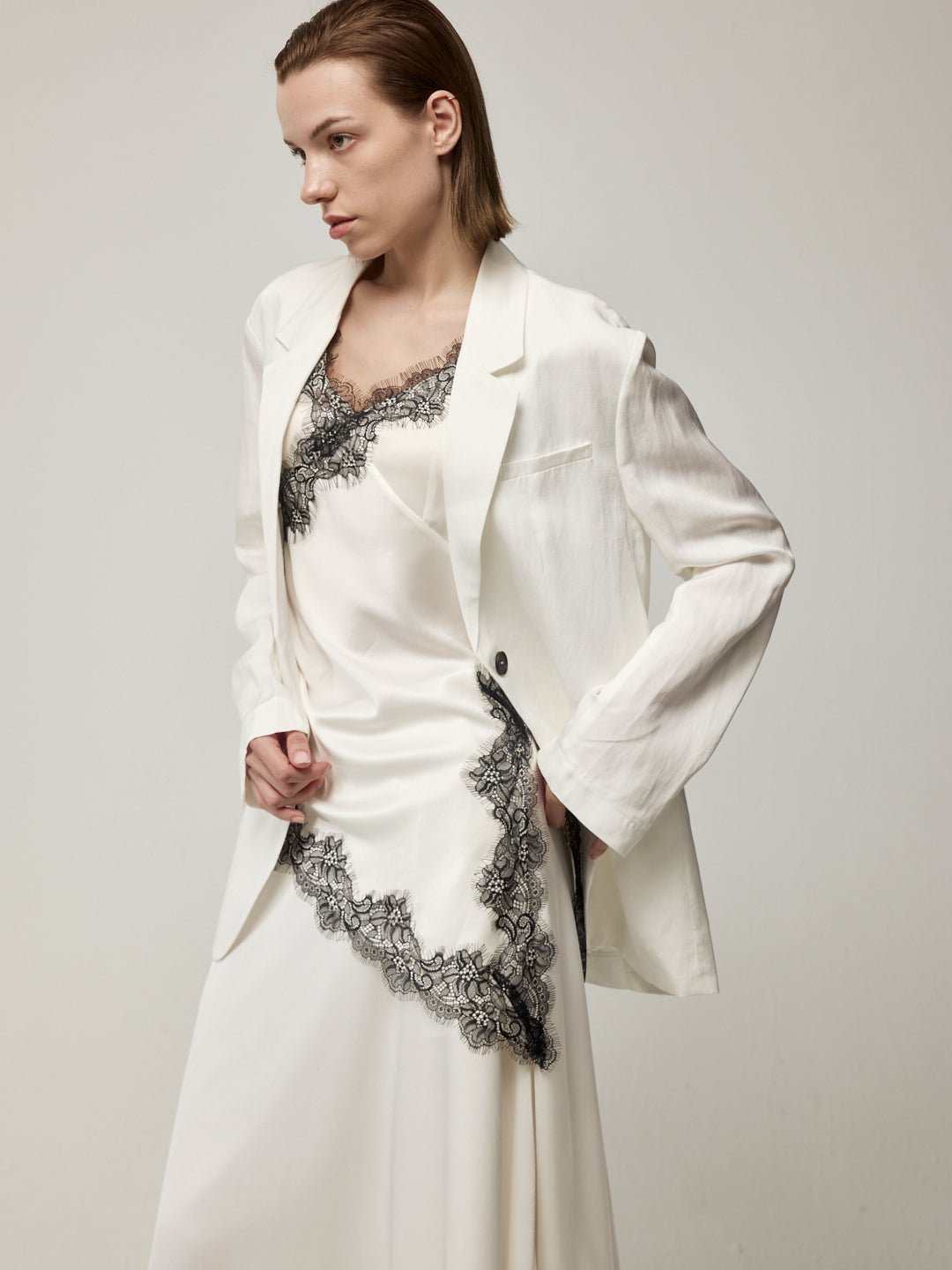Cape-Style Acetate Lace Camisole and Lace Spliced Acetate Midi Dress Set