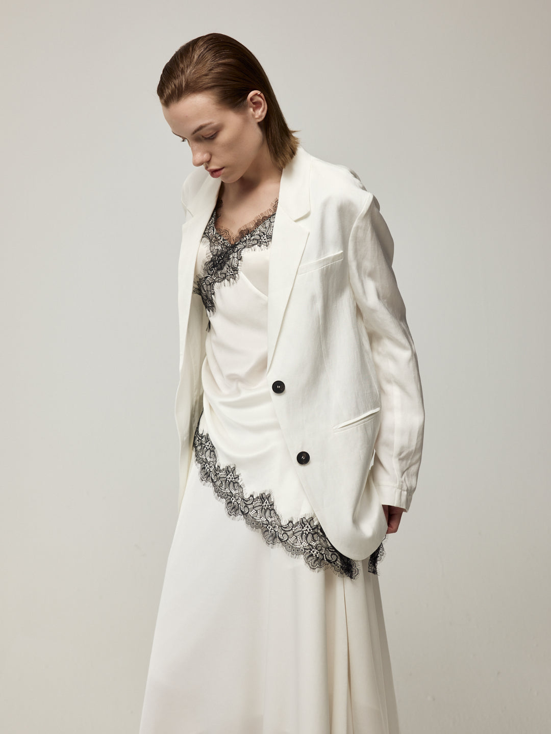 Blazer with High Back Slit and Knit Detail Wrap Panel Trousers Set
