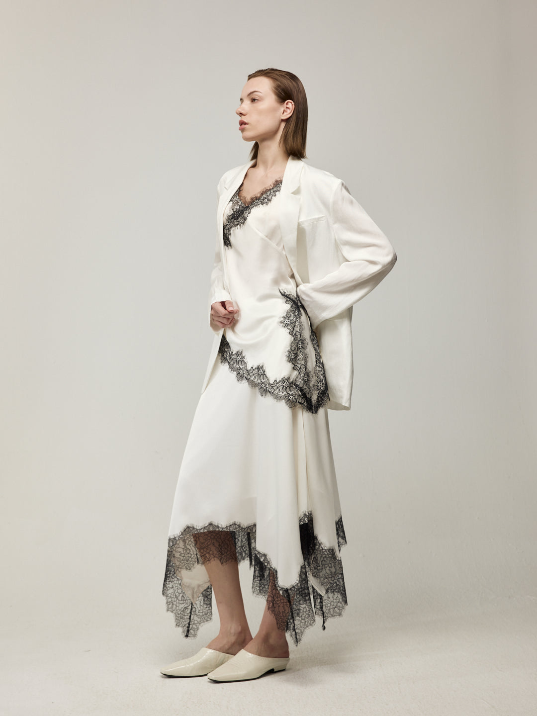 Blazer with High Back Slit and Knit Detail Wrap Panel Trousers Set