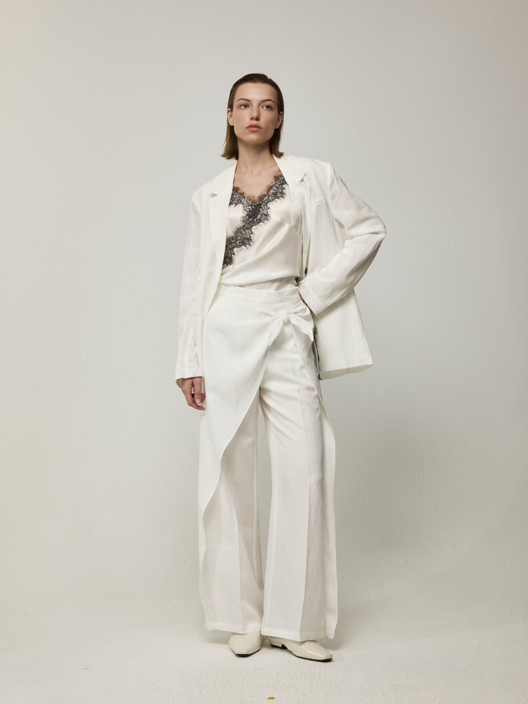 Blazer with High Back Slit and Knit Detail Wrap Panel Trousers Set