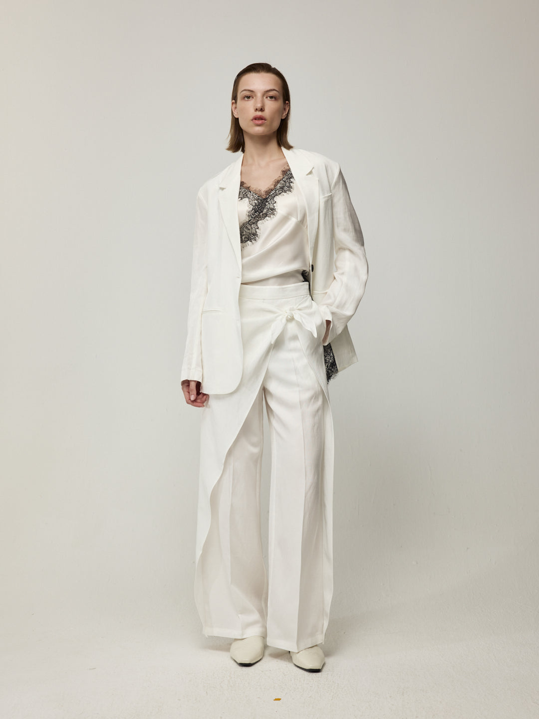 Blazer with High Back Slit and Knit Detail Wrap Panel Trousers Set