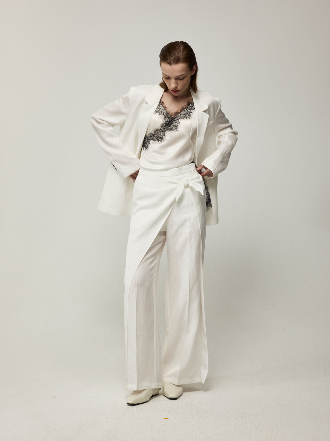 Blazer with High Back Slit and Knit Detail Wrap Panel Trousers Set