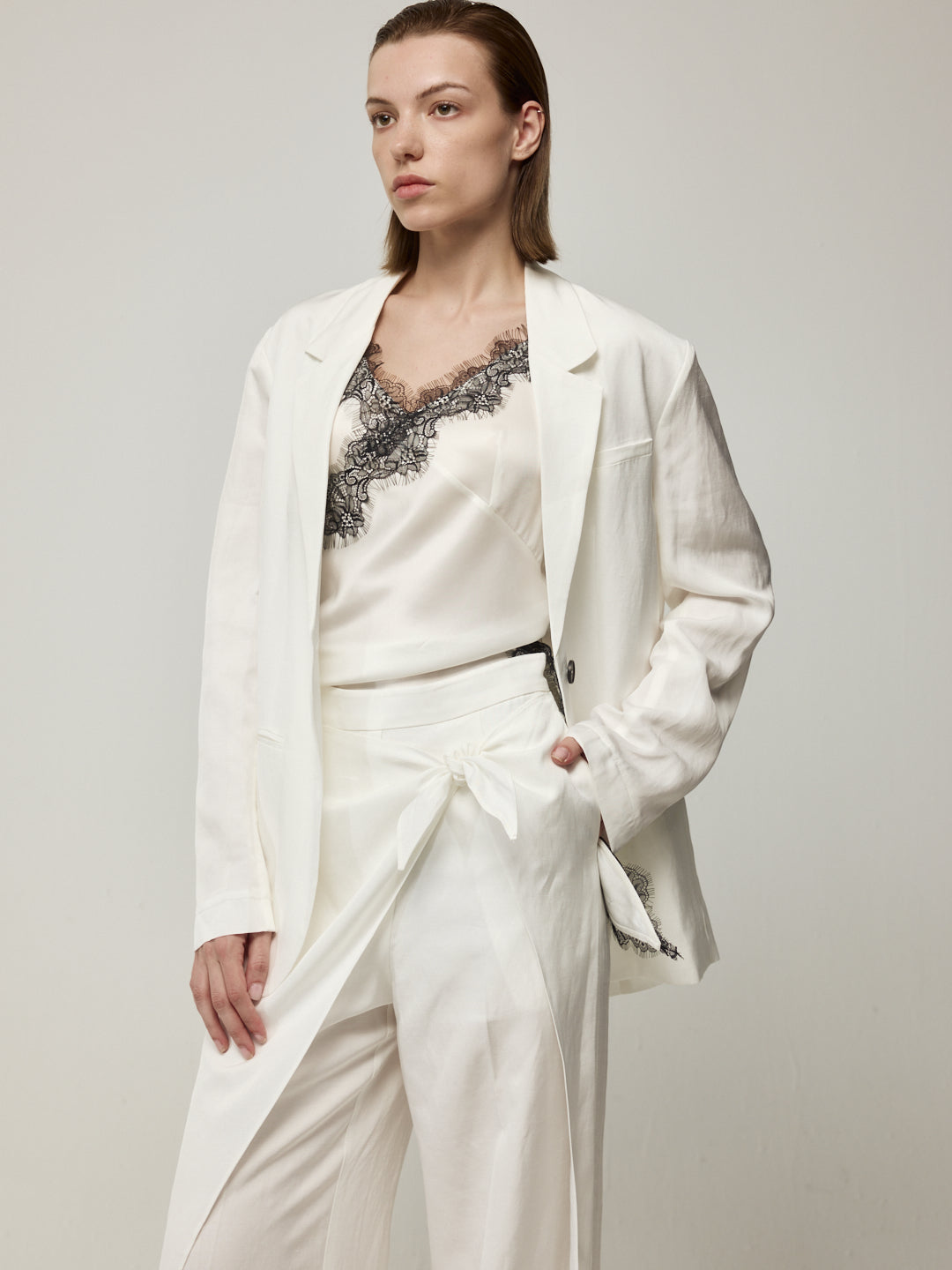 Blazer with High Back Slit and Knit Detail Wrap Panel Trousers Set