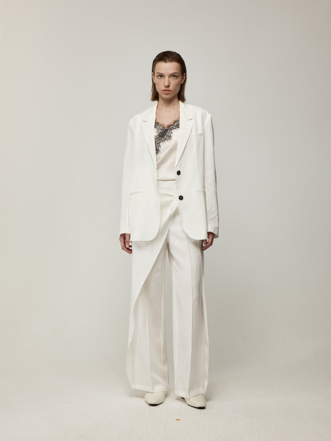 Blazer with High Back Slit and Knit Detail Wrap Panel Trousers Set