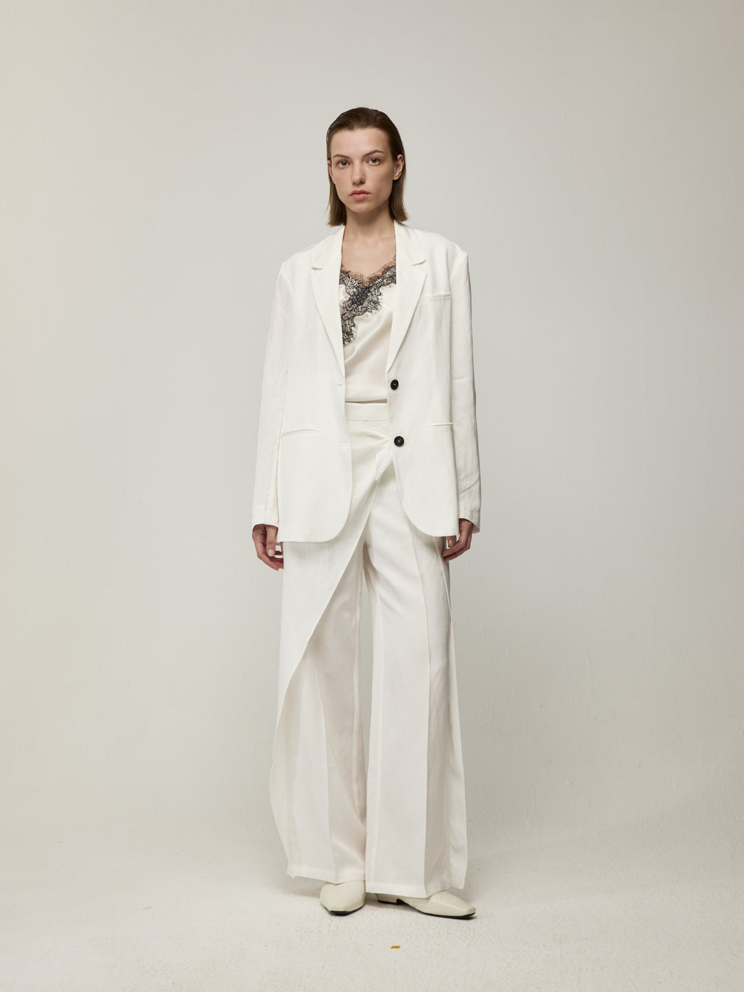 Blazer with High Back Slit and Knit Detail Wrap Panel Trousers Set