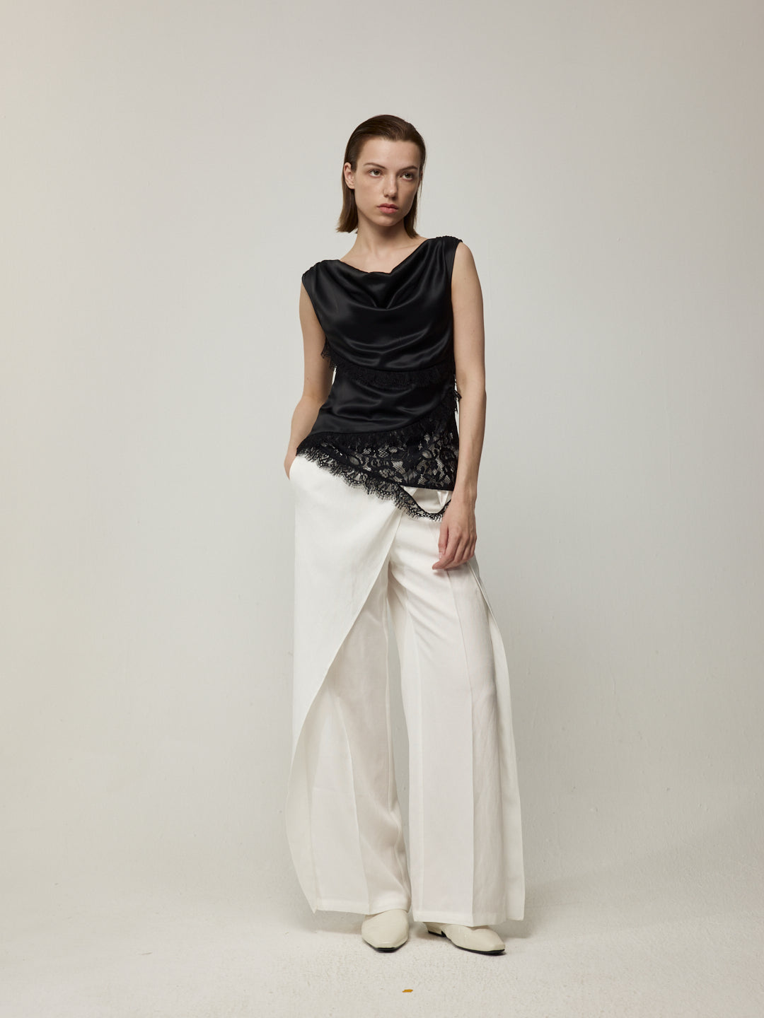Diagonal Patchwork Lace Trim Top