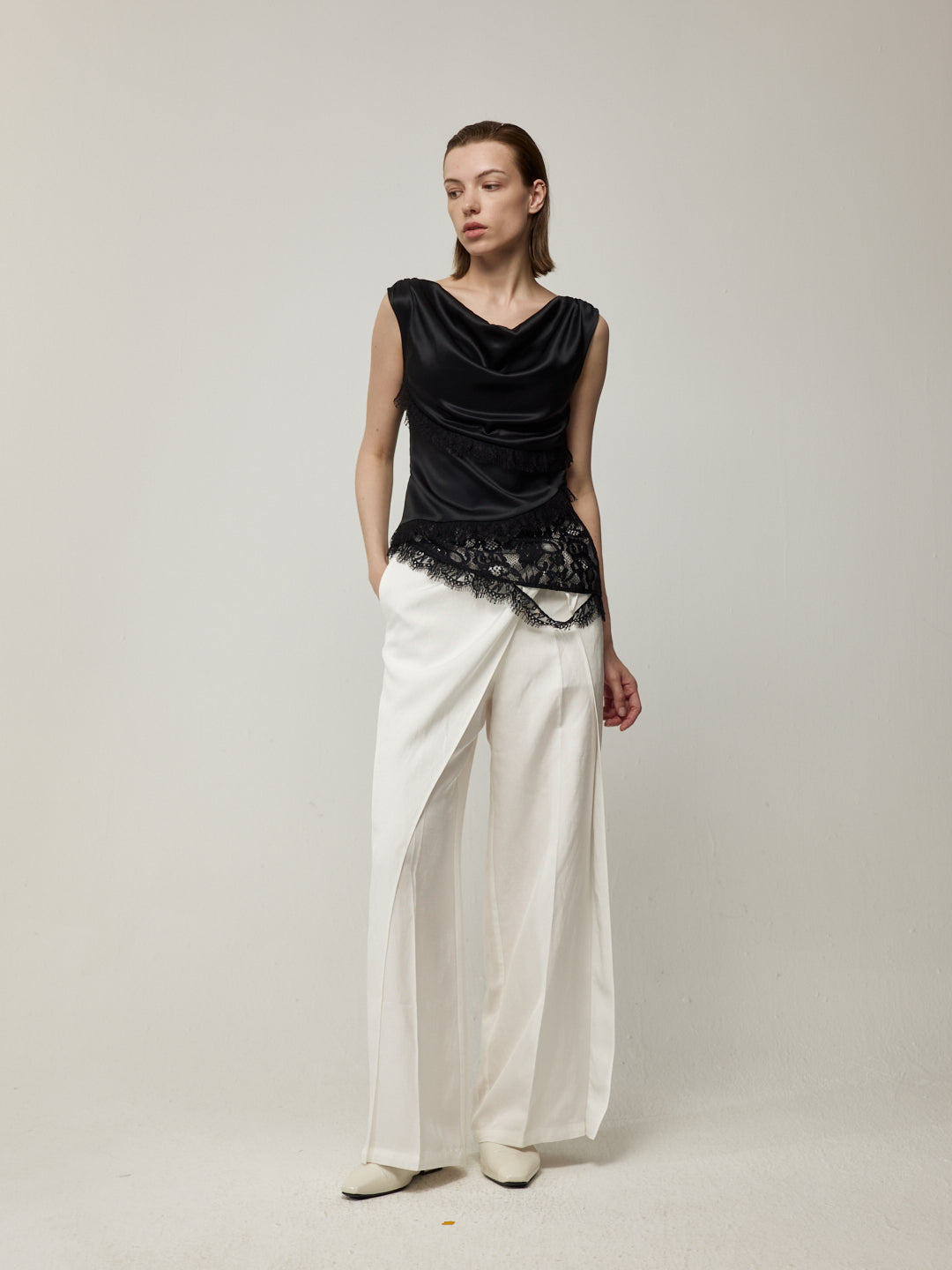 Diagonal Patchwork Lace Trim Top