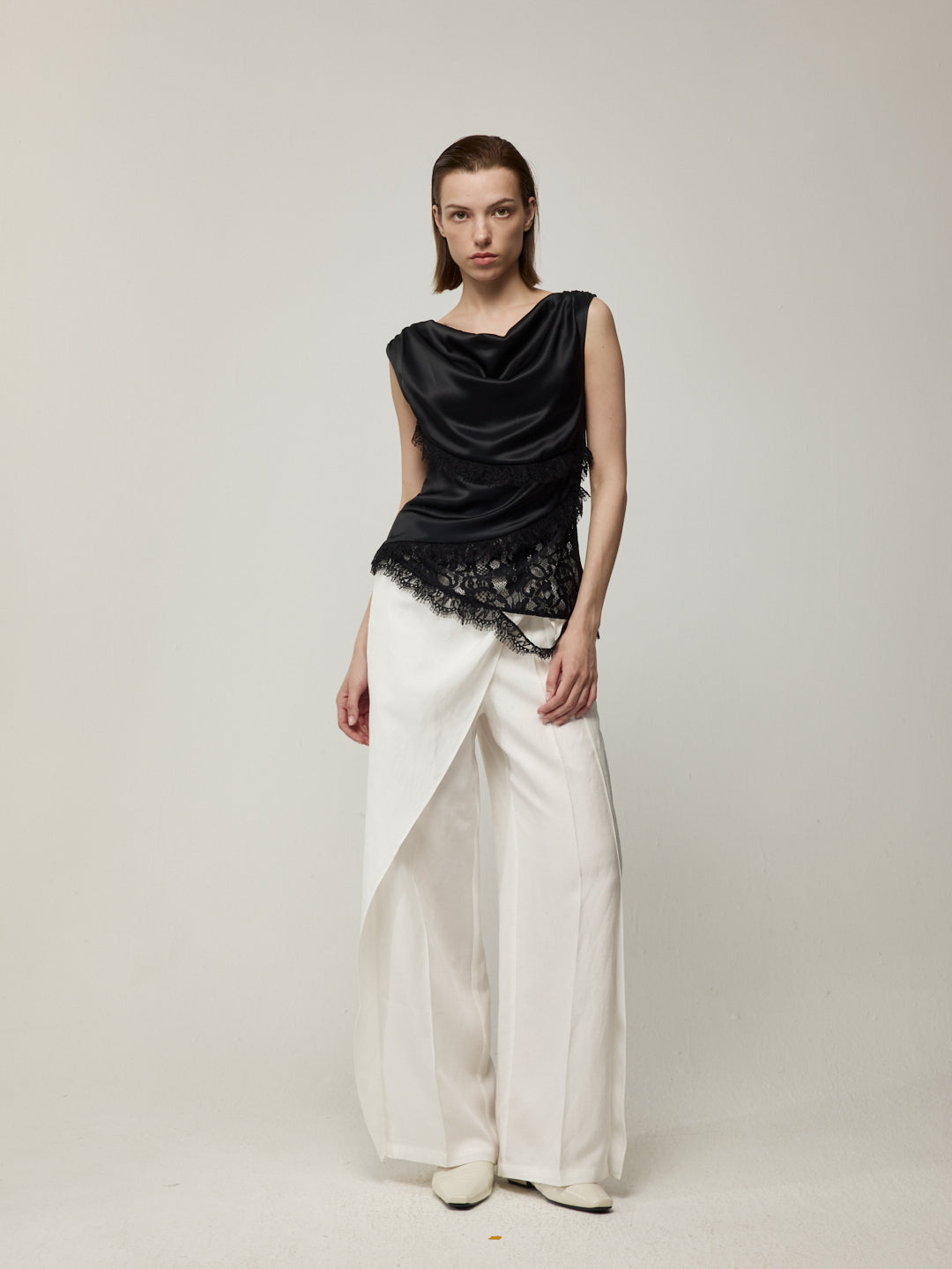 Diagonal Patchwork Lace Trim Top