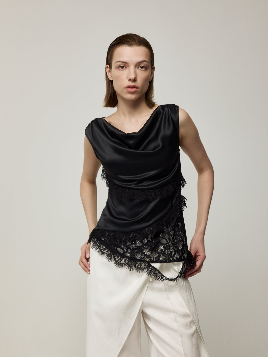 Diagonal Patchwork Lace Trim Top