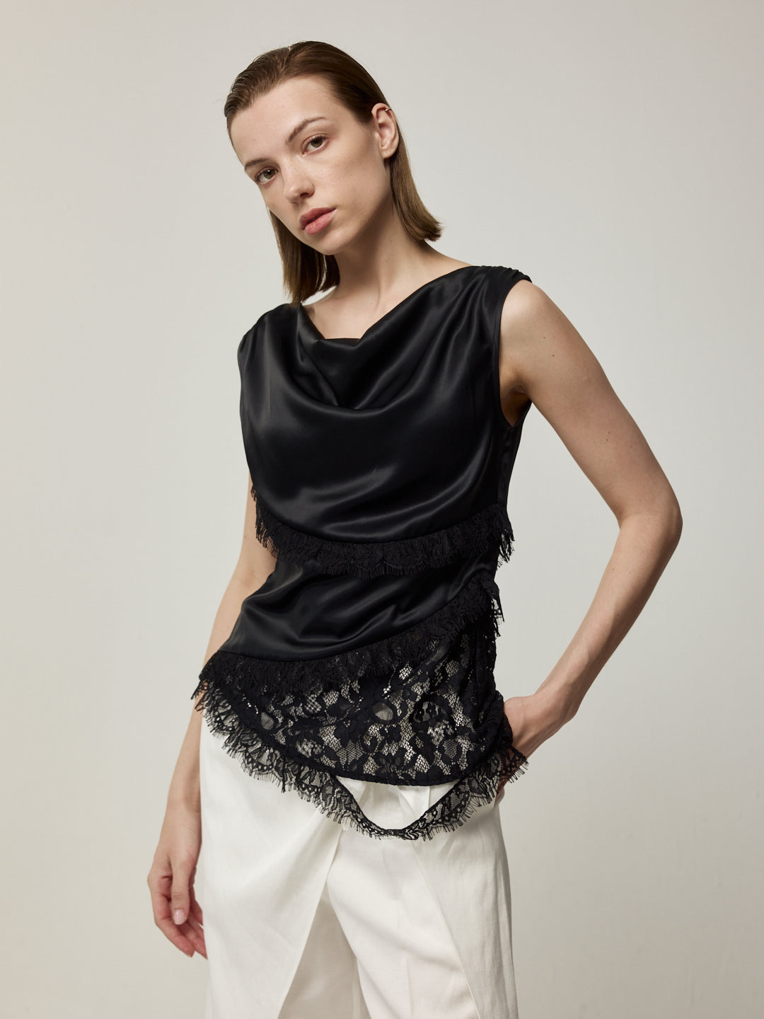 Diagonal Patchwork Lace Trim Top