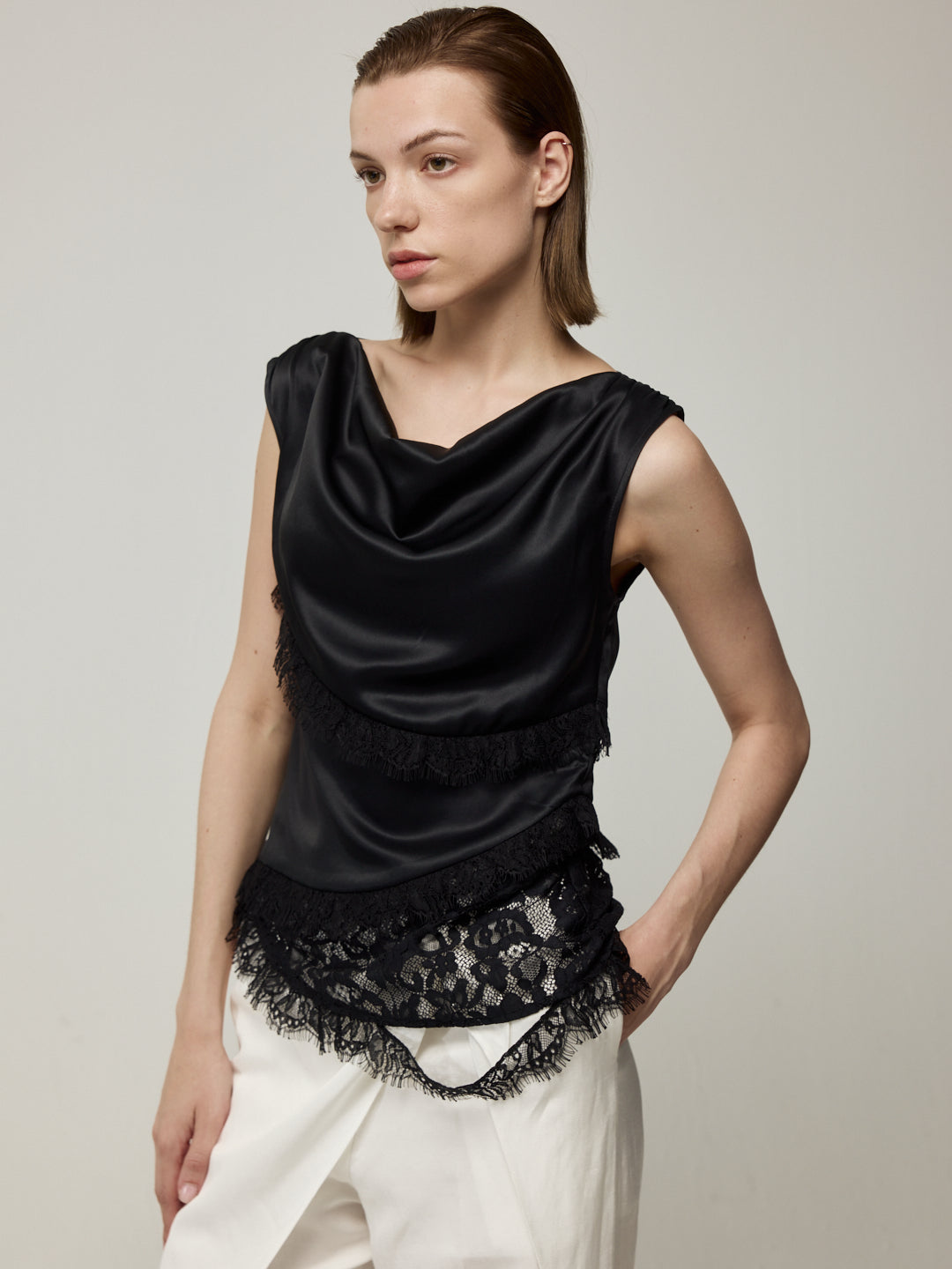 Diagonal Patchwork Lace Trim Top