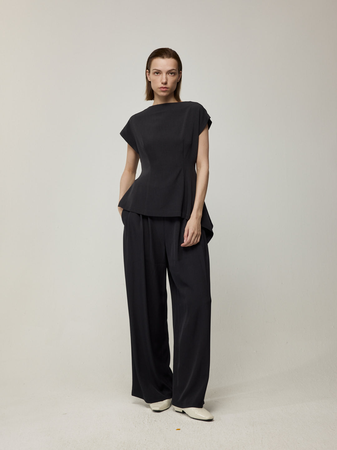 Asymmetric Cowl Neck Blouse and Double-Pleat Wide-Leg Trousers