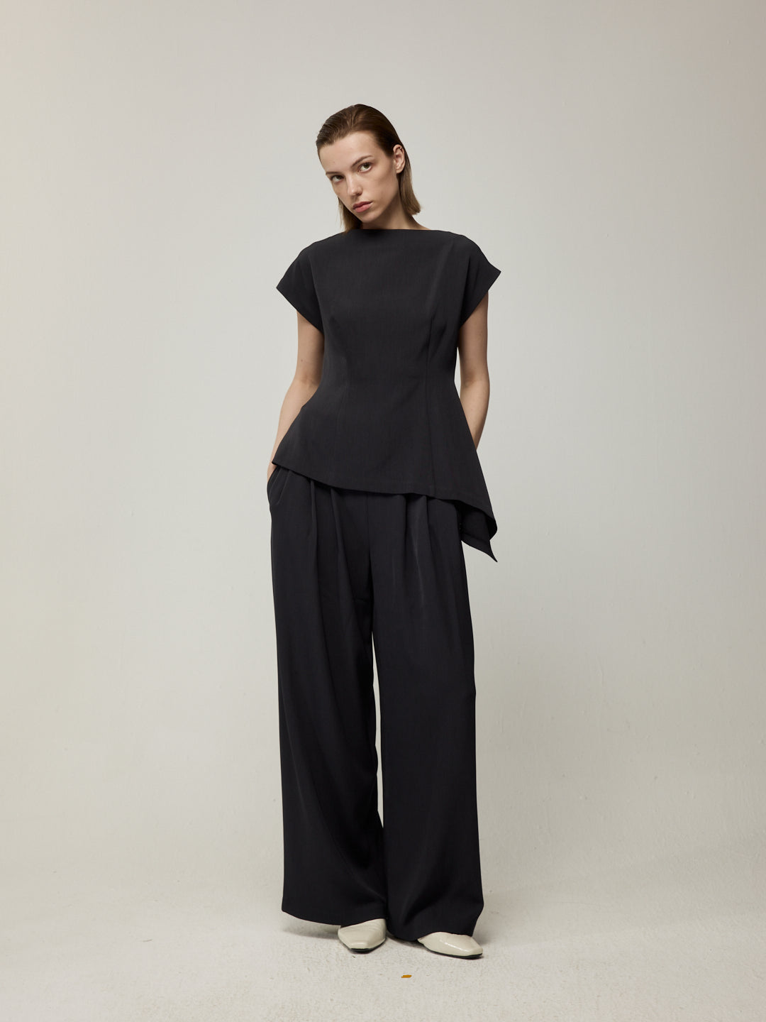 Asymmetric Cowl Neck Blouse and Double-Pleat Wide-Leg Trousers