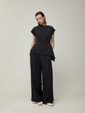 Asymmetric Cowl Neck Blouse and Double-Pleat Wide-Leg Trousers