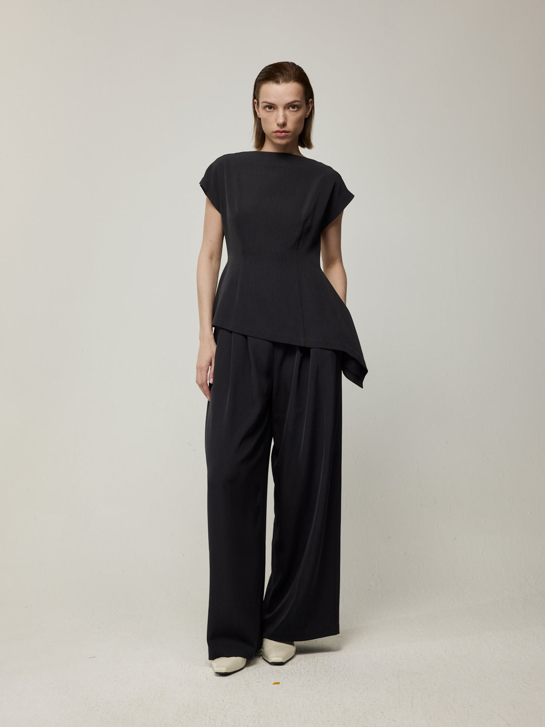 Asymmetric Cowl Neck Blouse and Double-Pleat Wide-Leg Trousers