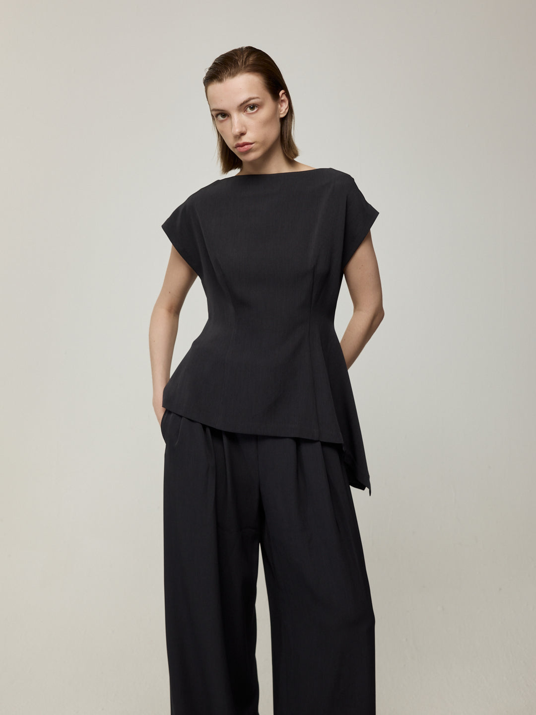 Asymmetric Cowl Neck Blouse and Double-Pleat Wide-Leg Trousers