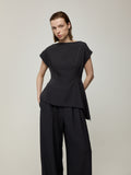 Asymmetric Cowl Neck Blouse and Double-Pleat Wide-Leg Trousers