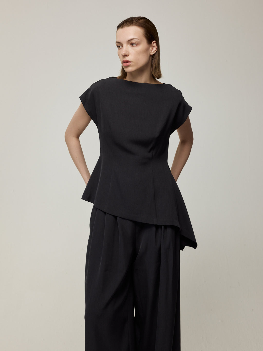 Asymmetric Cowl Neck Blouse and Double-Pleat Wide-Leg Trousers