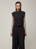 Stand Collar Sleeveless Cropped Vest and Double pleat Wide-Leg Trousers