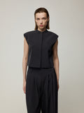 Stand Collar Sleeveless Cropped Vest and Double pleat Wide-Leg Trousers