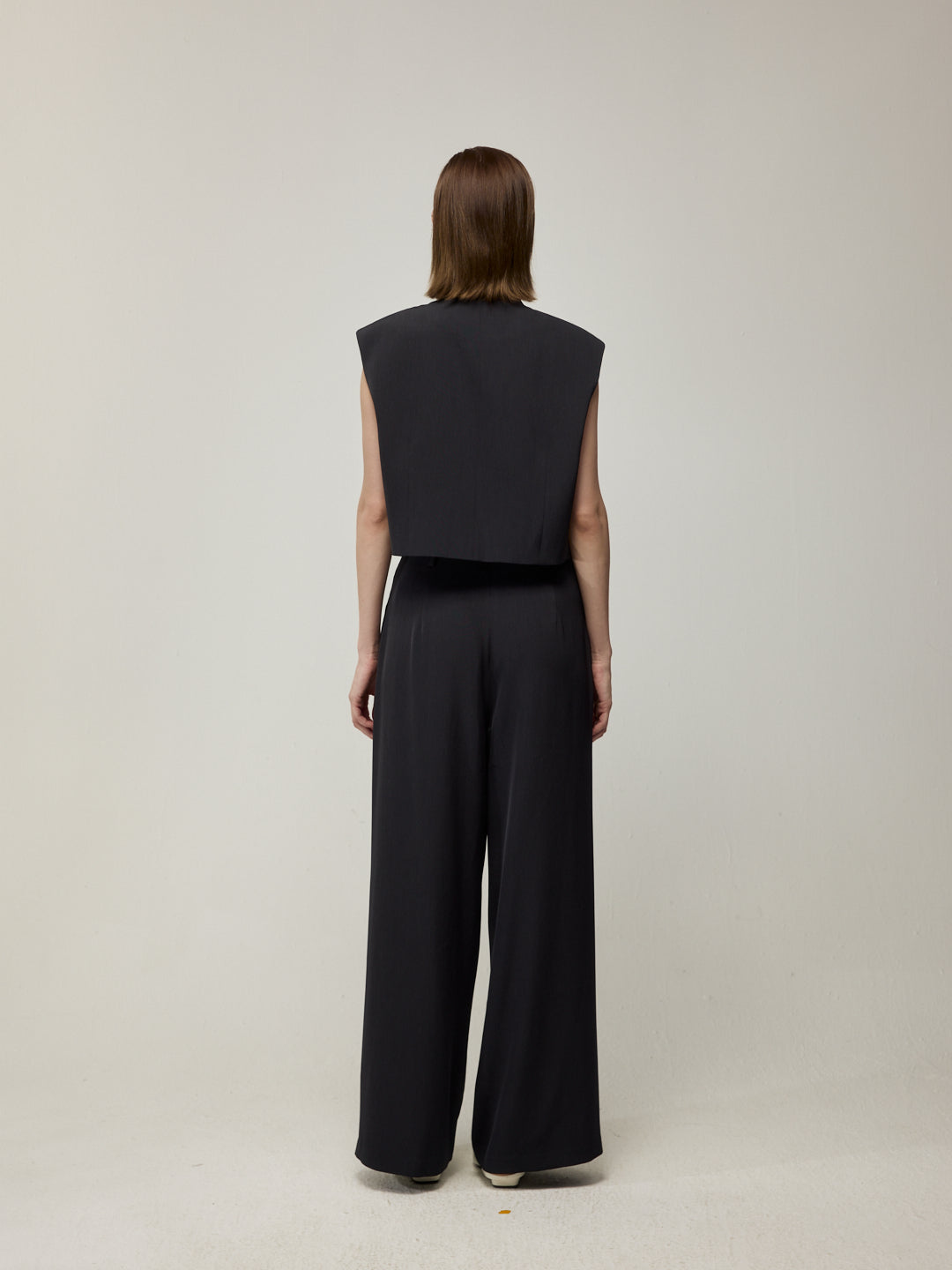Stand Collar Sleeveless Cropped Vest and Double pleat Wide-Leg Trousers