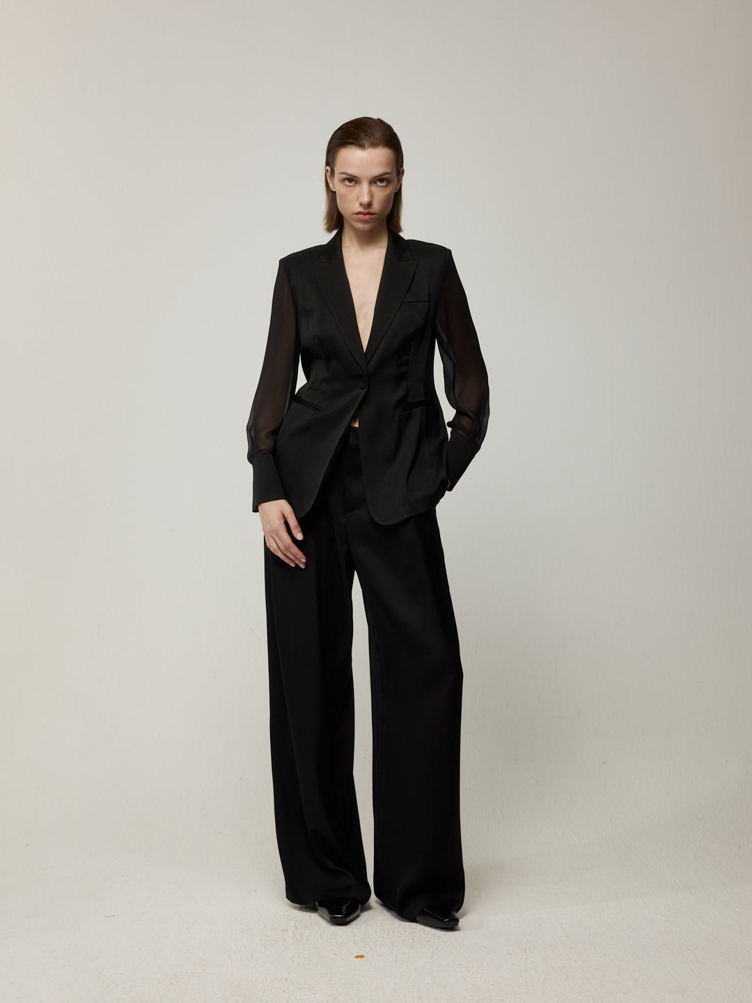 Lightweight Sheer Blazer and Drapery High-Waist Wide-Leg Trousers Set