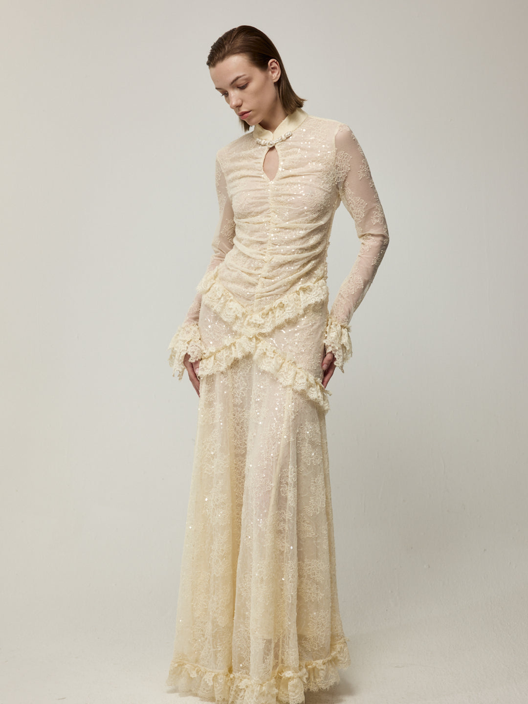 Flounce Cuff Embellished Lace Dress