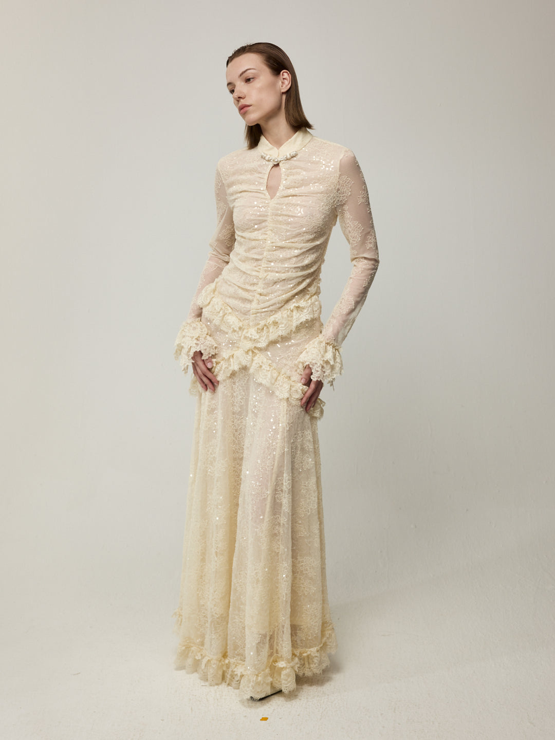 Flounce Cuff Embellished Lace Dress