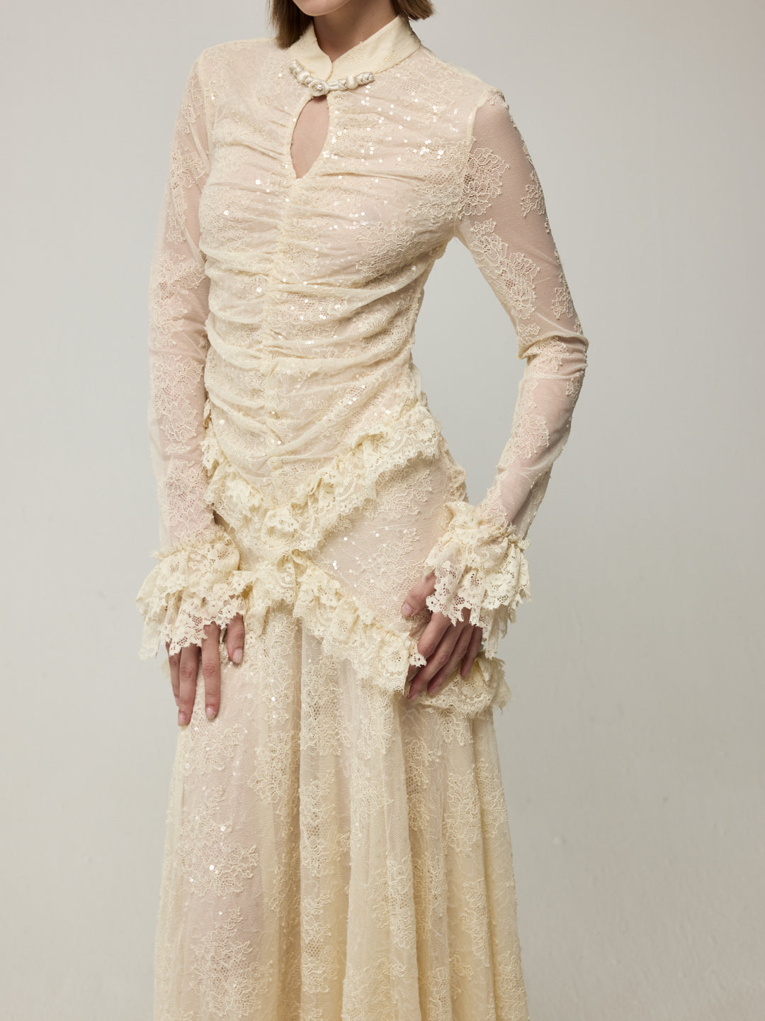 Flounce Cuff Embellished Lace Dress