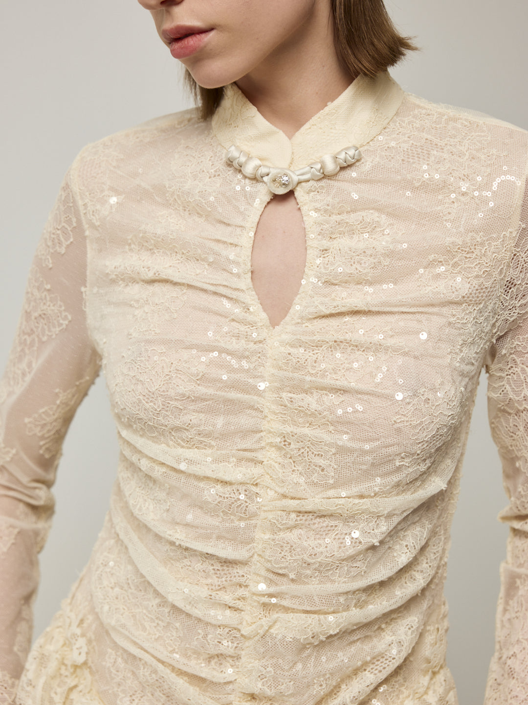 Flounce Cuff Embellished Lace Dress