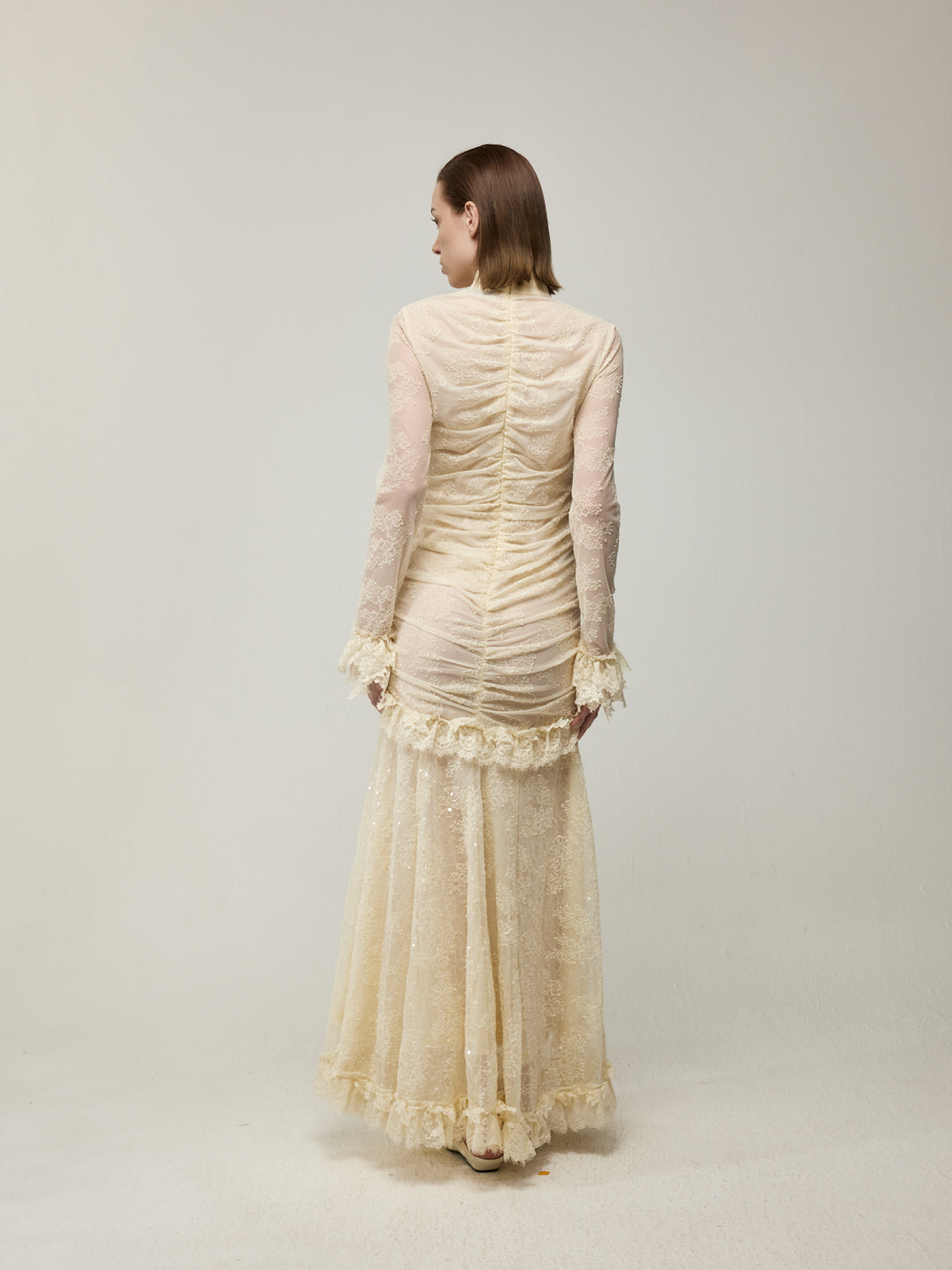 Flounce Cuff Embellished Lace Dress