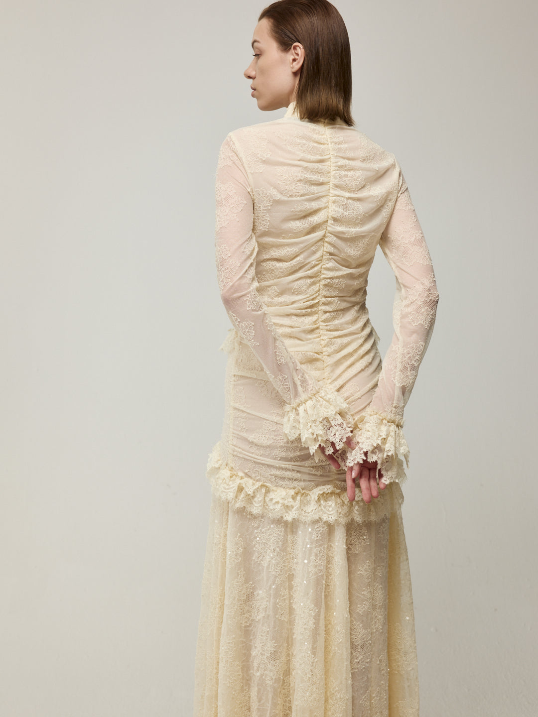 Flounce Cuff Embellished Lace Dress