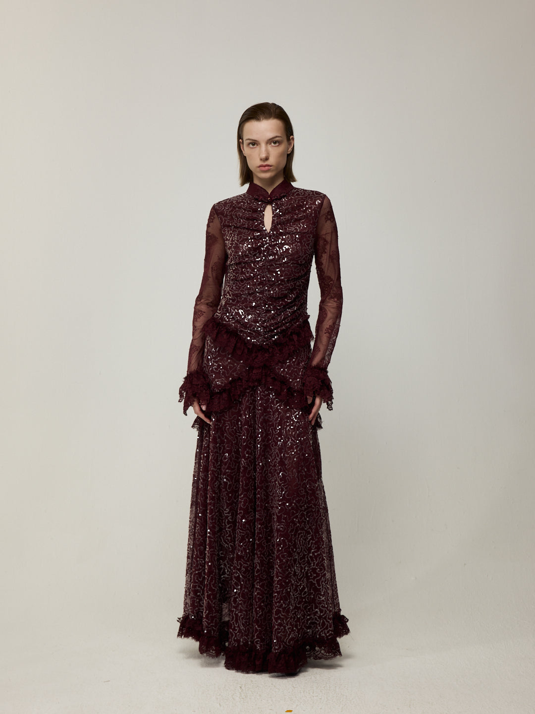 Flounce Cuff Embellished Lace Dress