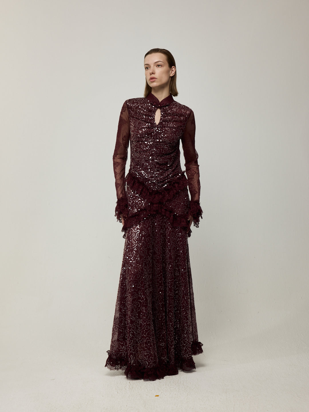 Flounce Cuff Embellished Lace Dress