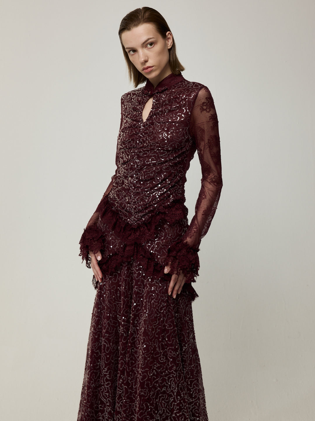 Flounce Cuff Embellished Lace Dress