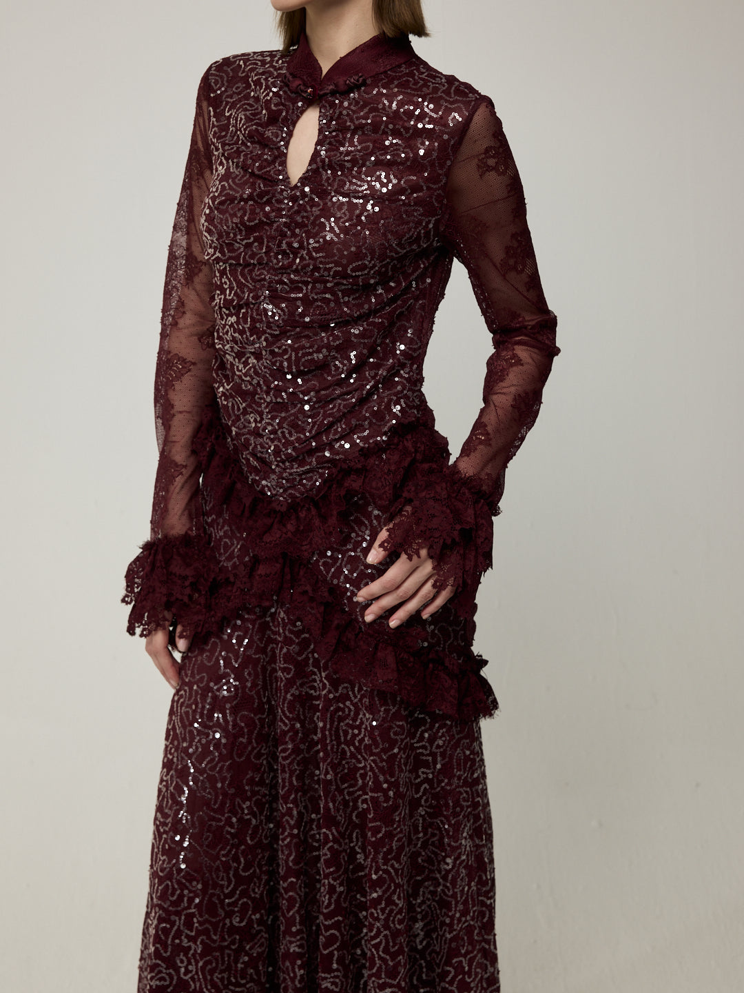 Flounce Cuff Embellished Lace Dress
