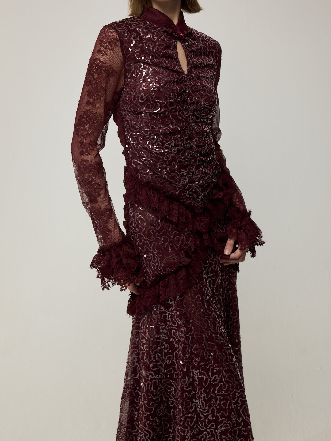 Flounce Cuff Embellished Lace Dress