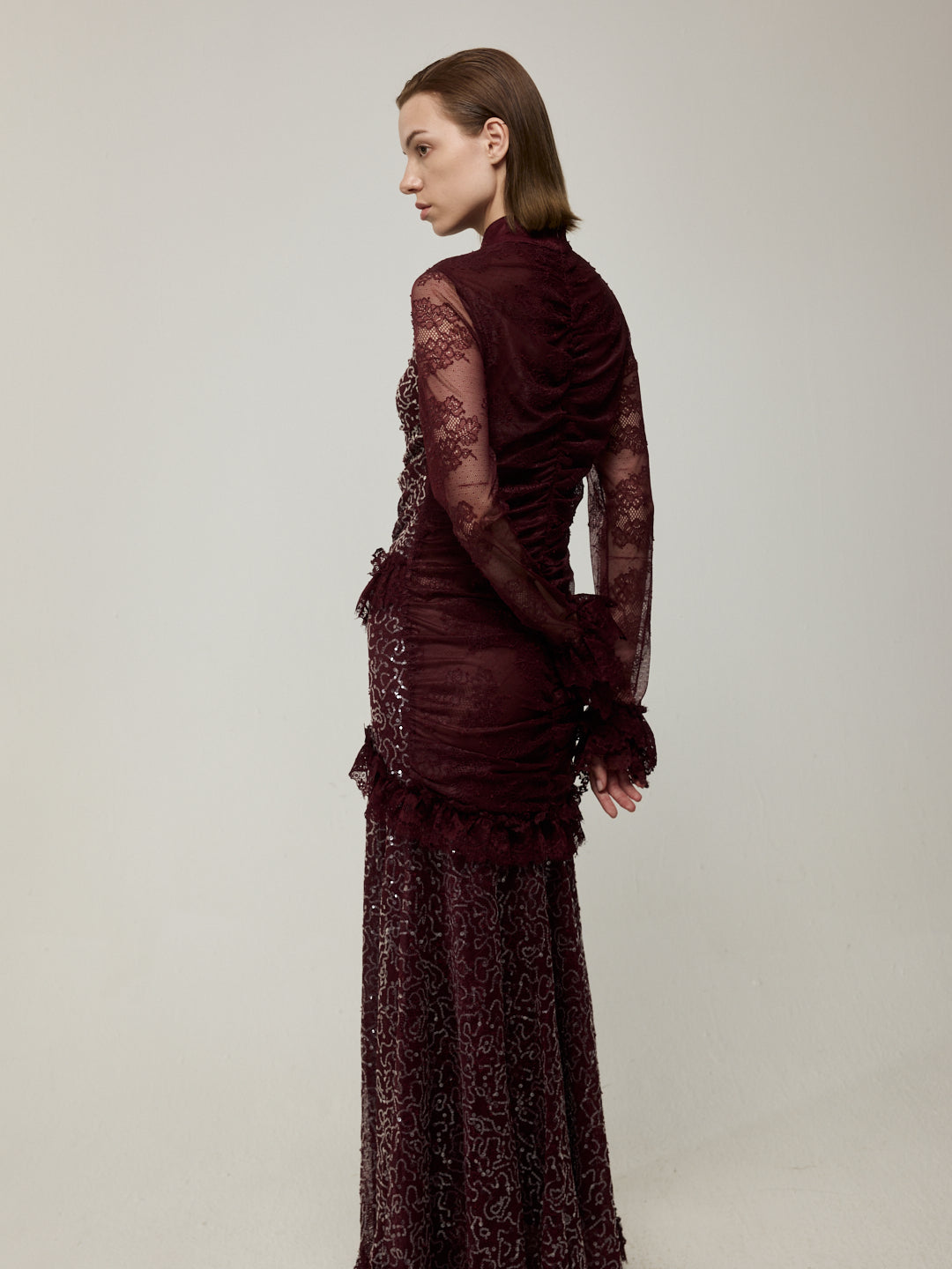Flounce Cuff Embellished Lace Dress